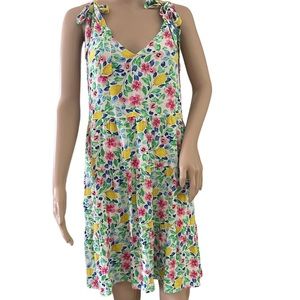 French Grey  Floral Print Sleeveless Summer Dress Empire Waist & Shoulder Ties M